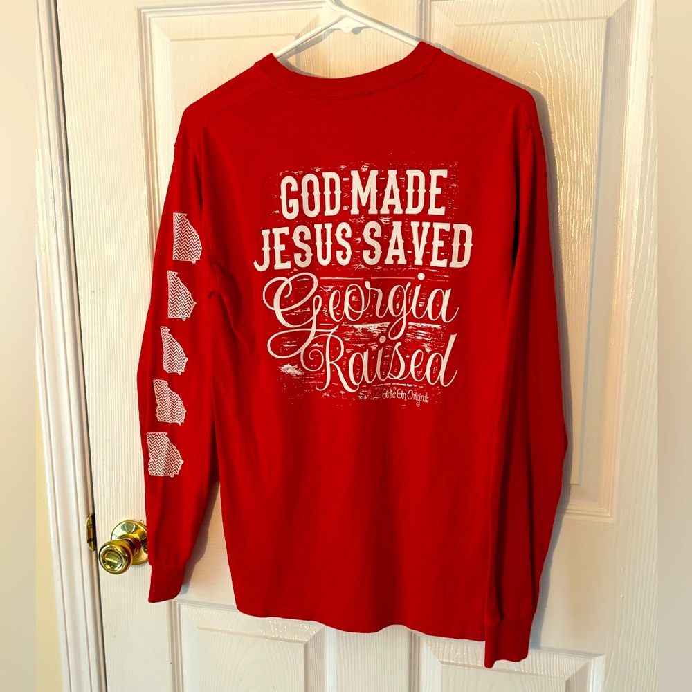 God made Jesus saved Georgia raised long sleeve T-shirt GA shape on sleeve.
